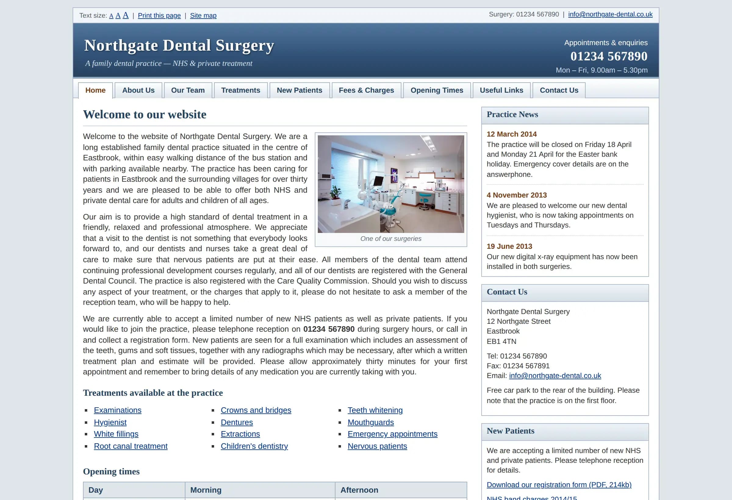 A typical dental practice website from over a decade ago: small text, fixed narrow layout, table of opening times