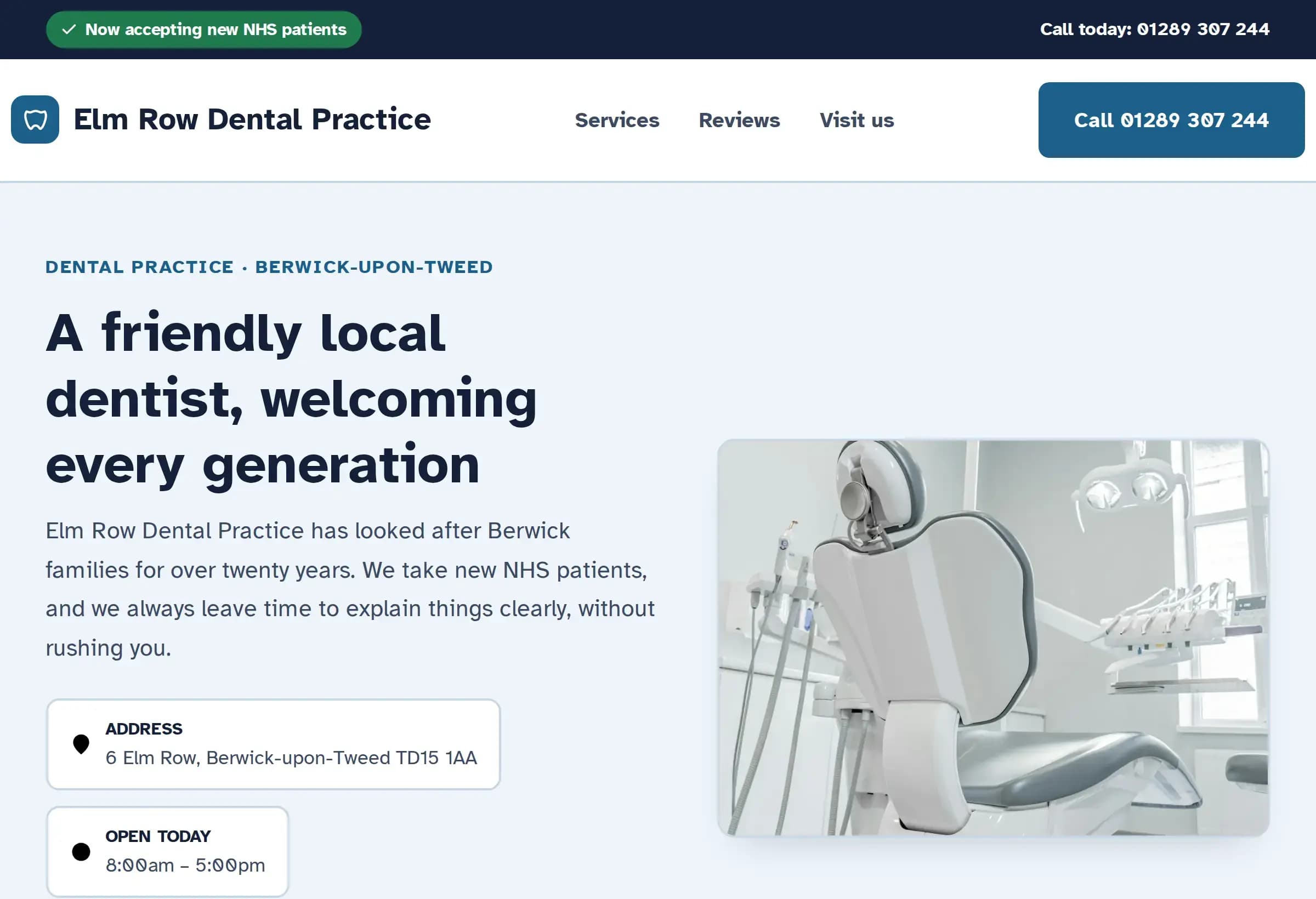 Example site built for Elm Row Dental Practice, a dental practice in Berwick-upon-Tweed